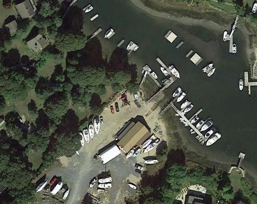 Aerial view of the slips and floating docks at Scallop Bay Marina