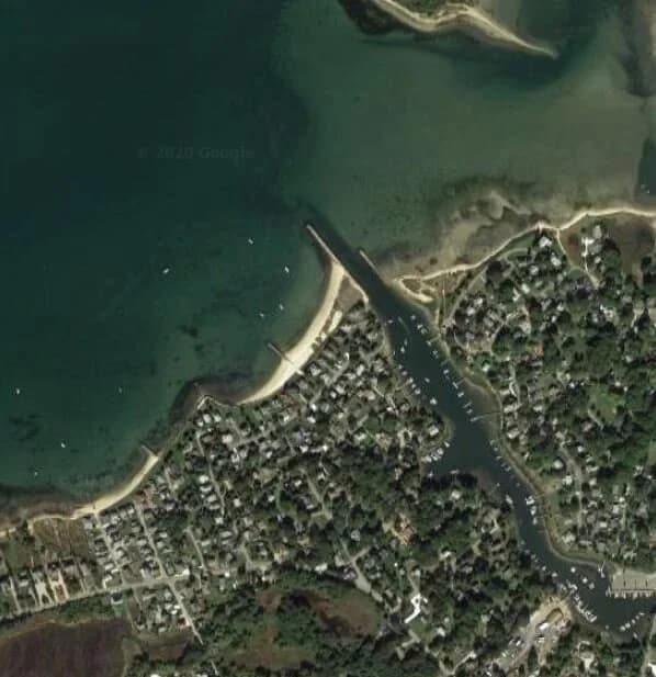 Aerial view of the Scallop Bay Marina yard and shoreline