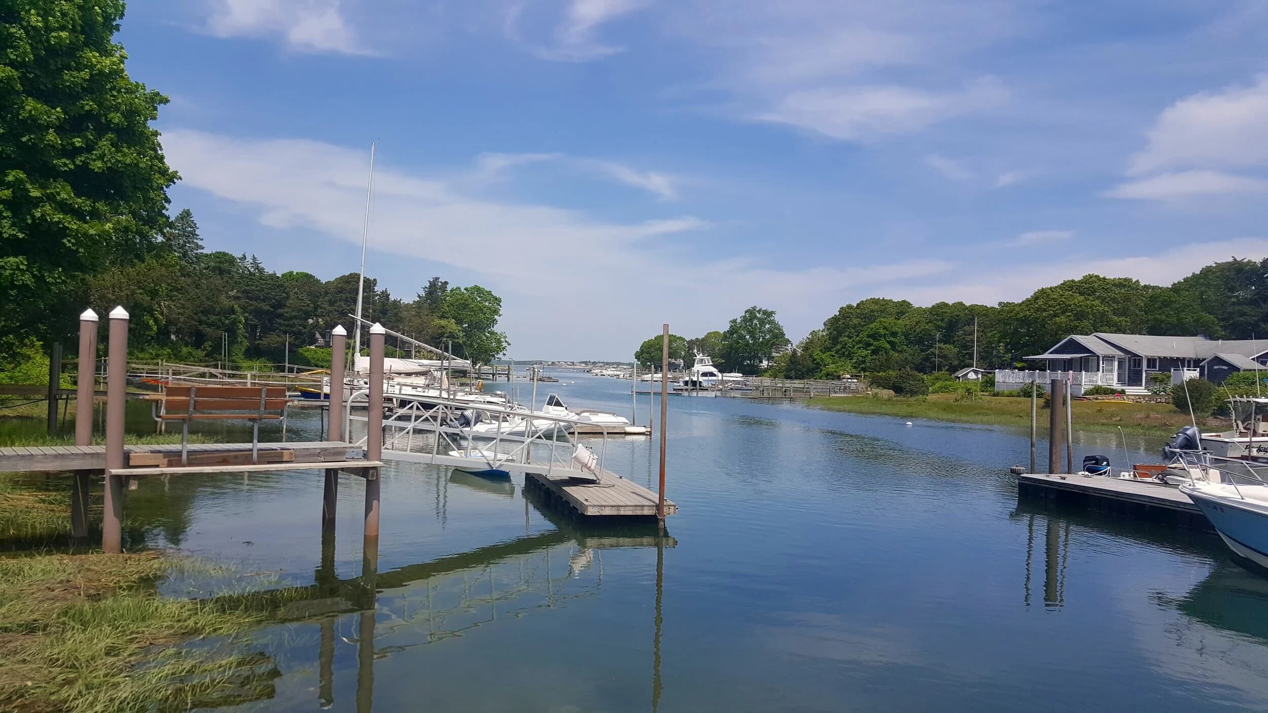 Floating docks on the Pocasset River at Scallop Bay Marina