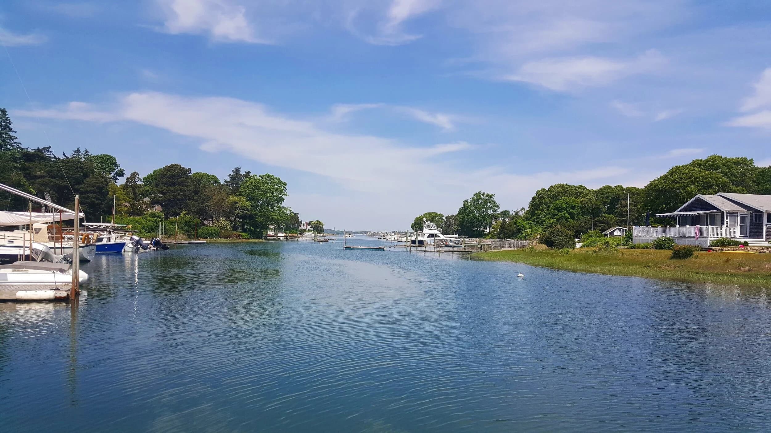 The docks and moored boats at Scallop Bay Marina